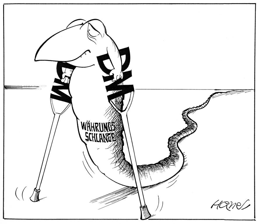 Cartoon by Hanel on the crisis of the European monetary snake (22 September 1976)