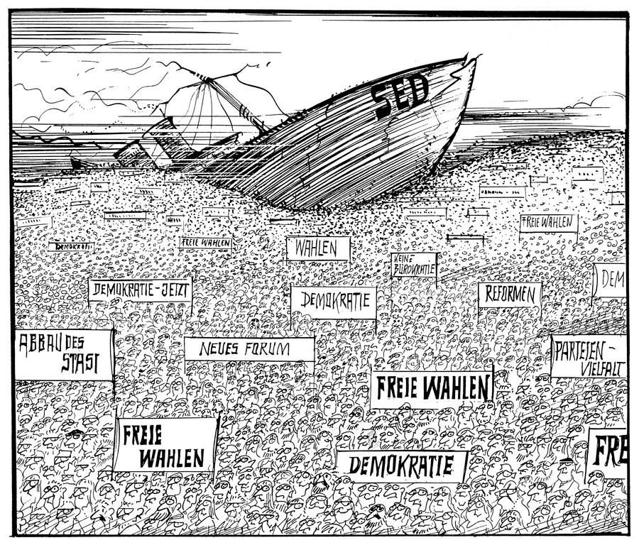 Cartoon by Hanel on the collapse of the German Democratic Republic (1989)