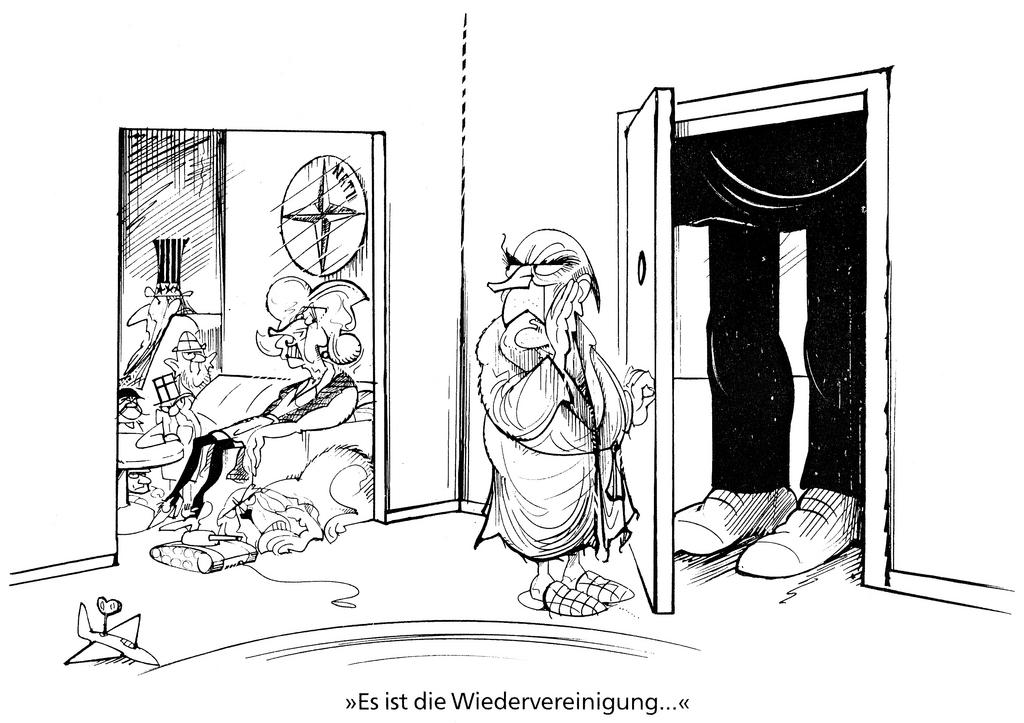 Cartoon by Hanel on the international problem of German reunification (1990)