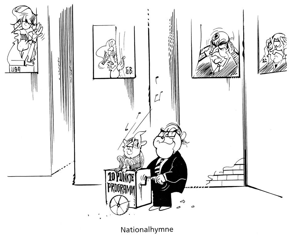 Caricature de Hanel sur le plan en dix points concernant la réunification de l'Allemagne (1989)