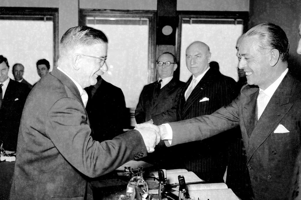 Leopold Figl und Gaetano Martino (Straßburg, 16. April 1956)