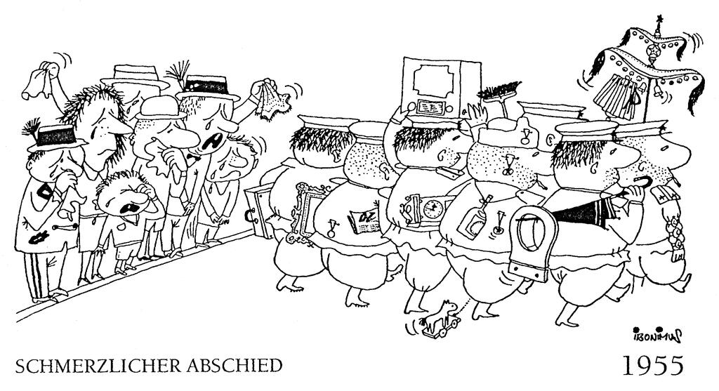 Cartoon by Ironimus on the departure of the occupying troops from Austria (1955)