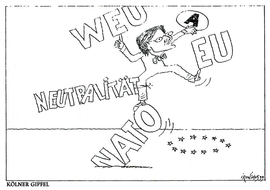 Cartoon by Ironimus on Austria’s multilateral foreign policy under the banner of neutrality (1999)