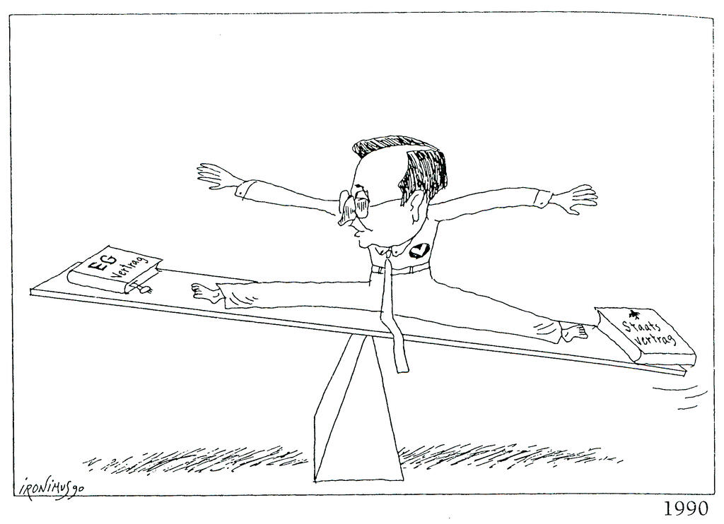 Karikatur von Ironimus zu den Verhandlungen über den Beitritt Österreichs zu den Europäischen Gemeinschaften (1990)