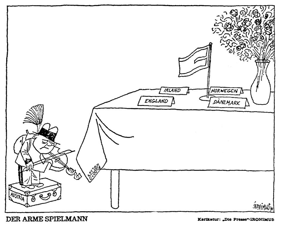 Karikatur von Ironimus zur Frage des Beitritts Österreichs zu den Europäischen Gemeinschaften (2. Juli 1970)