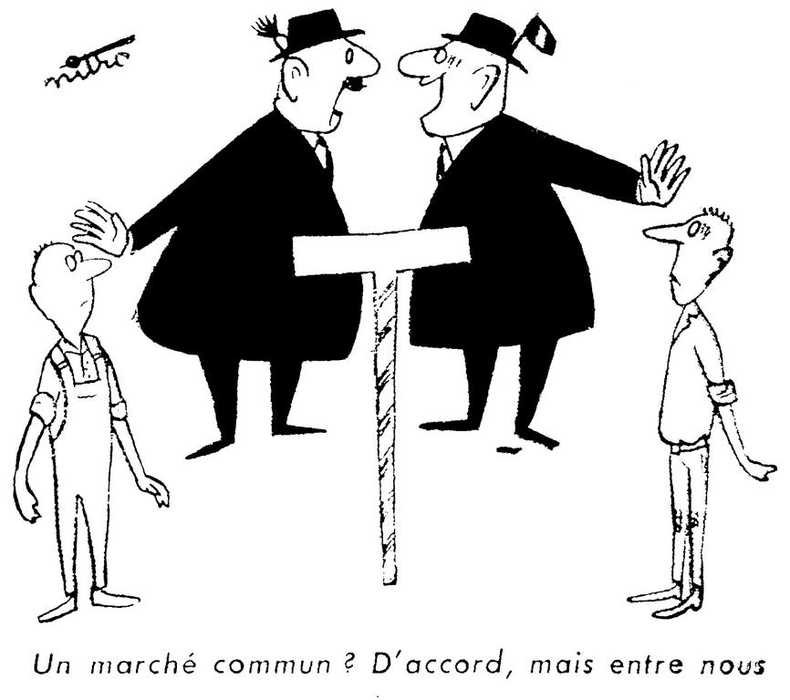 Karikatur von Nitro zur Haltung der Arbeitgeber gegenüber dem europäischen gemeinsamen Markt (24. Januar 1957)