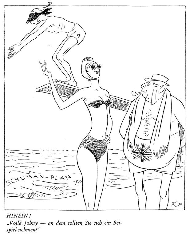 Caricature de Köhler sur l'attitude de la RFA face au plan Schuman (1950)