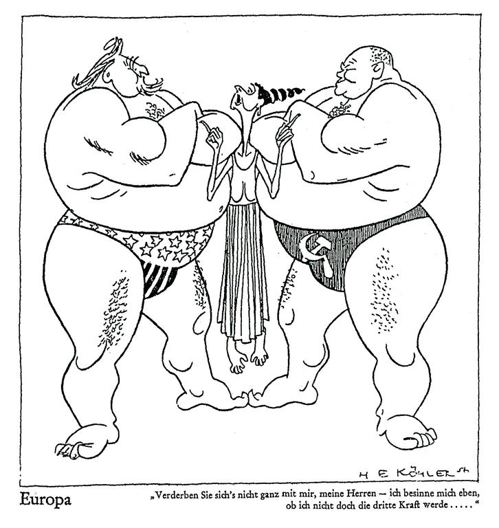 Cartoon by Köhler on the international position of the EEC (1957)