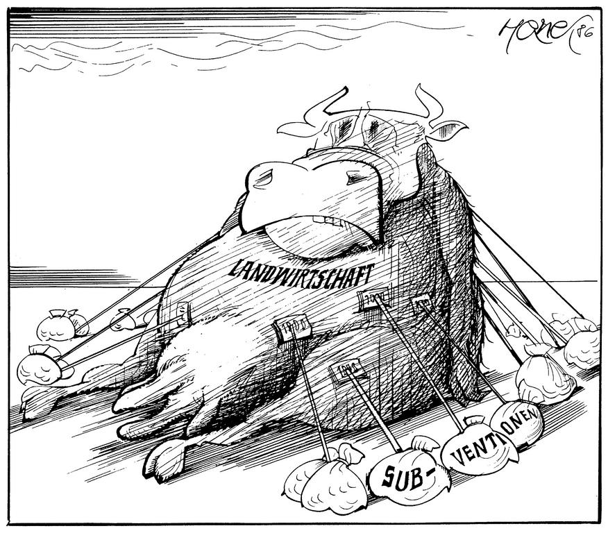 Cartoon by Hanel on the importance of reforming a CAP in crisis (1986)