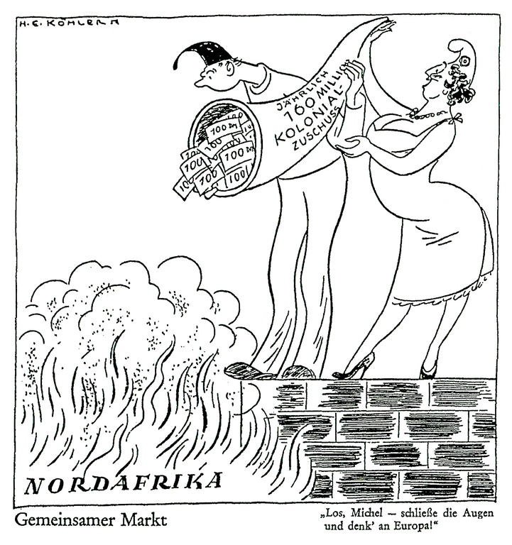 Cartoon by Köhler on the EEC aid policy towards Africa (1957)