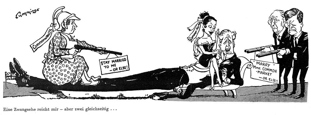 Cartoon by Cummings on the issues surrounding British accession to the EEC