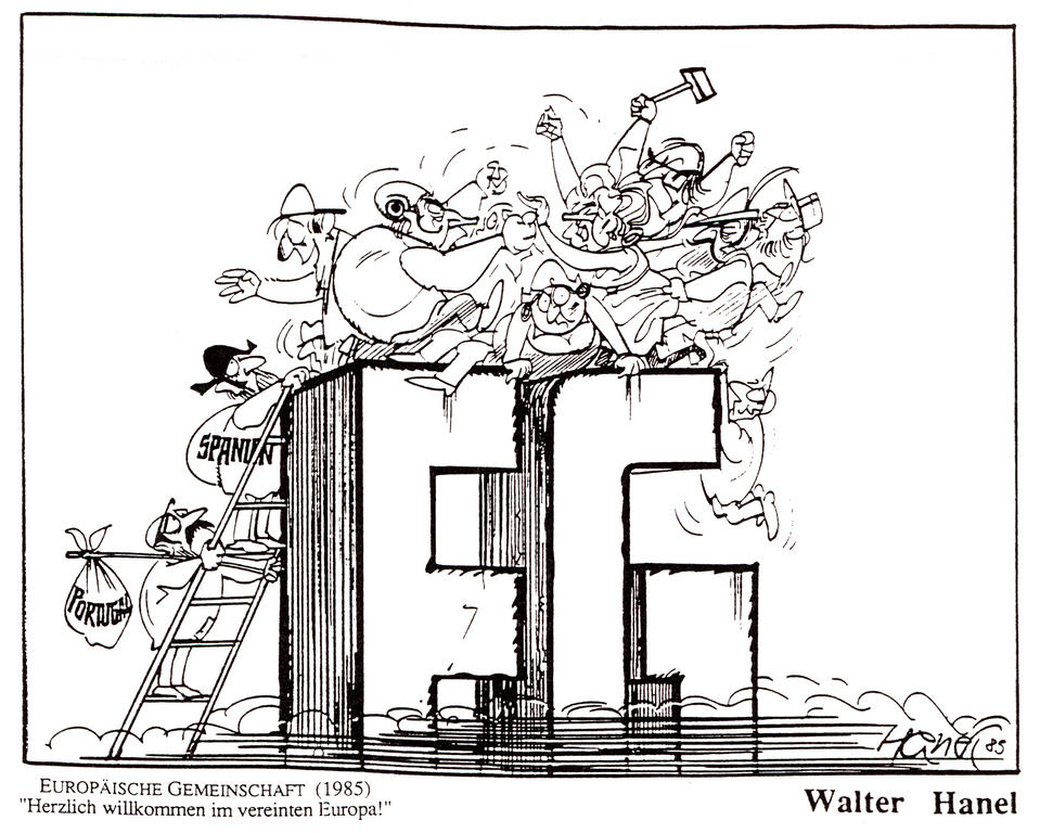 Caricature de Hanel sur l'adhésion de l'Espagne et du Portugal aux CE (1985)