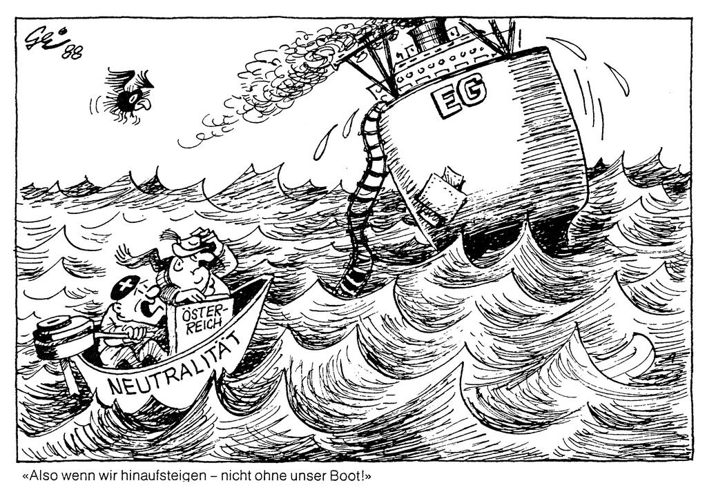 Karikatur von Geisen zum Beitritt Österreichs zu den Europäischen Gemeinschaften (1988)