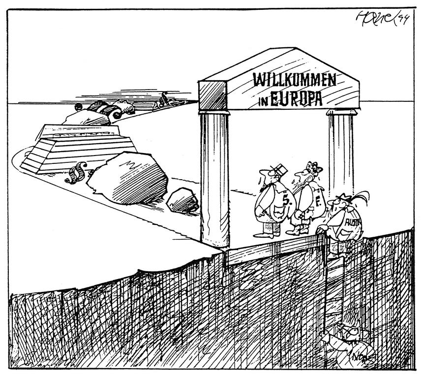 Cartoon by Hanel on the difficult negotiations for the fourth enlargement of the EU (1994)