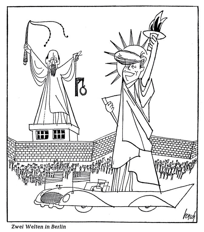 Cartoon by Bensch on John F. Kennedy's visit to West Berlin (26 June 1963)
