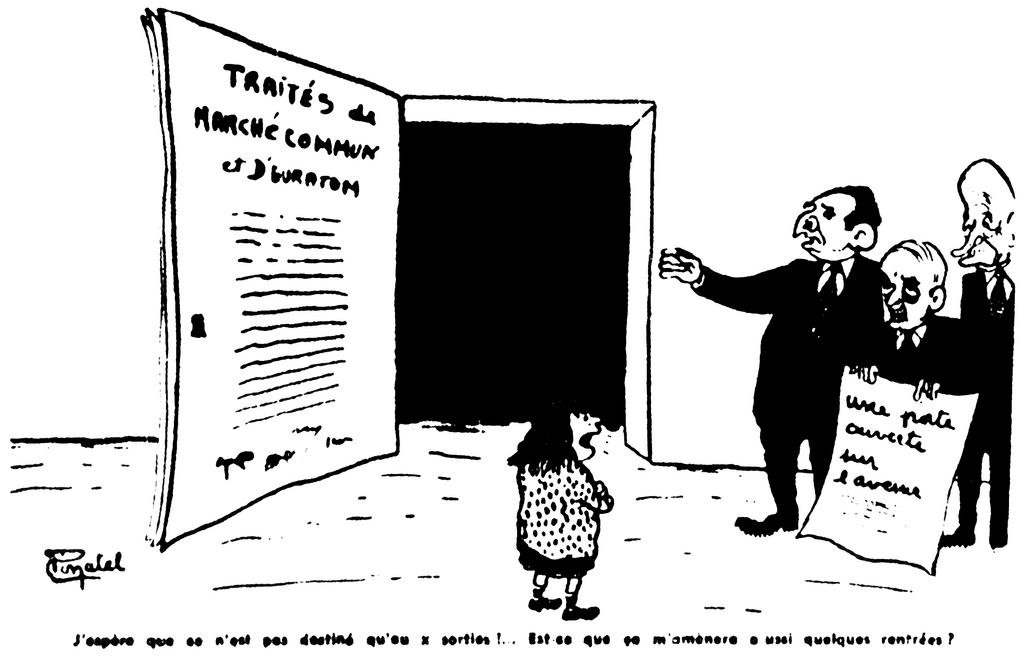 Karikatur von Pinatel zur Ratifizierung der Römischen Verträge in Frankreich (10. Juli 1957)