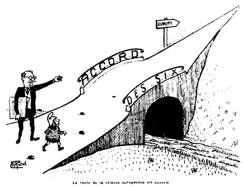 Karikatur von Pinatel zu den Ergebnissen der Konferenz von Paris (22. Februar 1957)