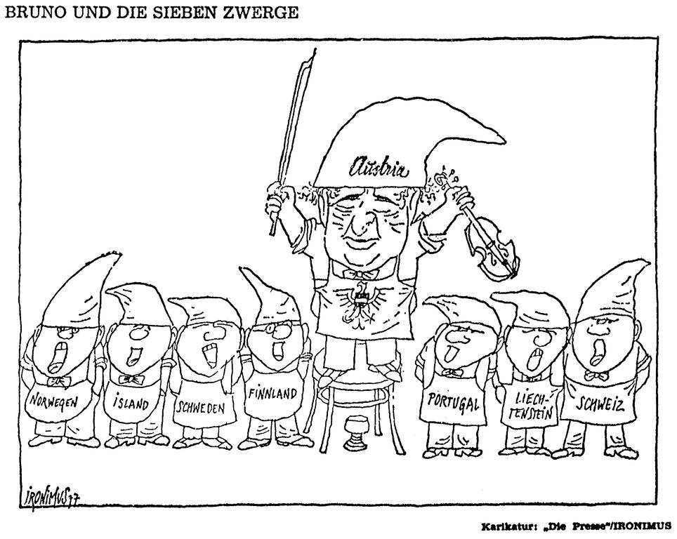 Caricature d'Ironimus sur l'Autriche, membre de l'AELE (13 mai 1977)