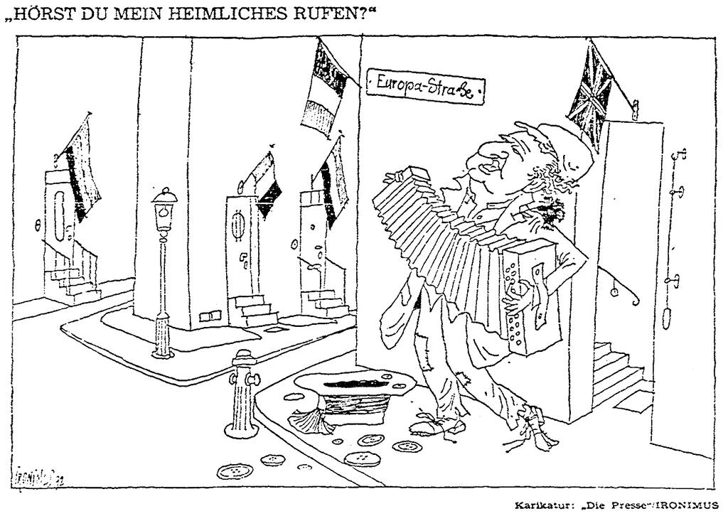 Karikatur von Ironimus zu den Beziehungen zwischen Österreich und den Europäischen Gemeinschaften (26. Februar 1972)