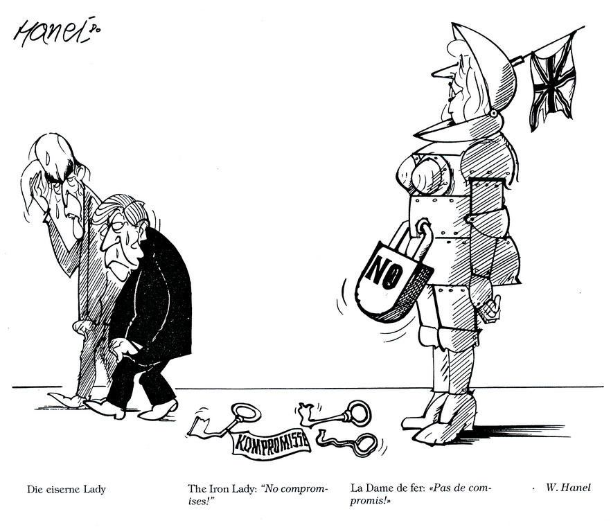 Karikatur von Hanel zum deutsch-französischen Zweiergespann und der Eisernen Lady (1980)