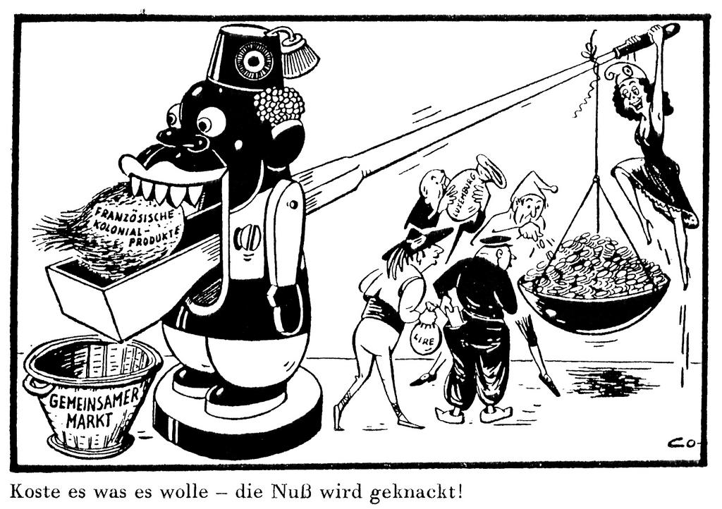 Cartoon by Conrad on the budget issues involved in the association of the OCTs with the Common Market (21 February 1957)