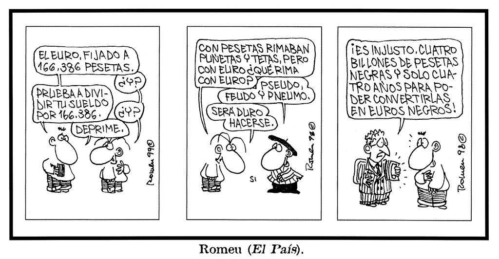 Cartoons by Romeu on the introduction of the euro (1998–1999)