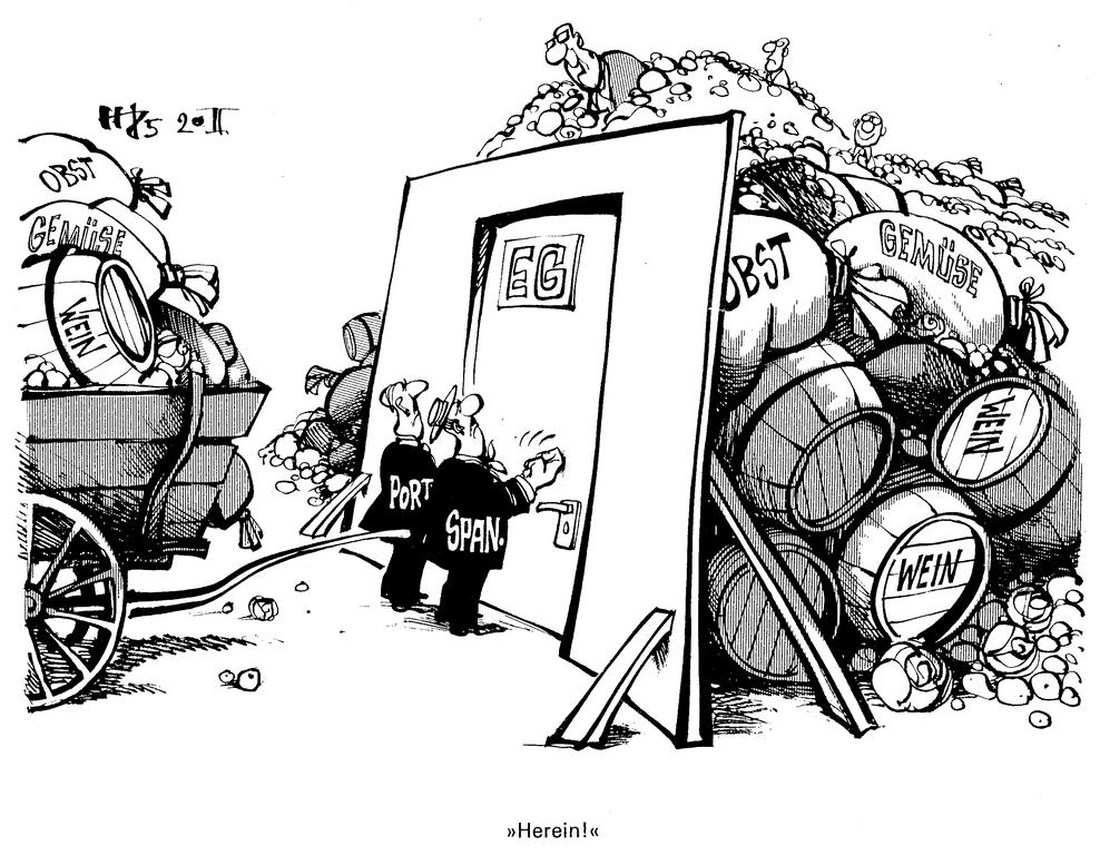 Cartoon by Haitzinger on the issue of Iberian agricultural produce (20 February 1985)