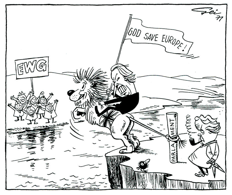 Cartoon by Geisen on the difficulties involved in the United Kingdom’s accession to the European Communities (1971)