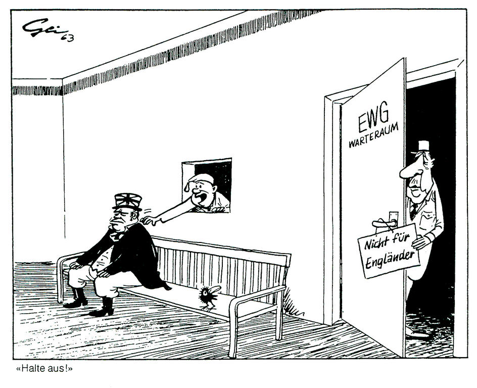 Cartoon by Geisen on General de Gaulle’s veto against the United Kingdom’s accession to the EEC (1963)