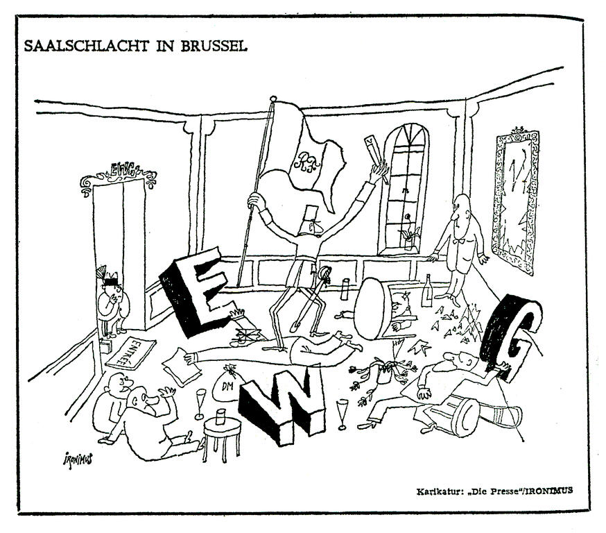 Karikatur von Ironimus zur Annäherung Österreichs an die EWG (19. Januar 1963)