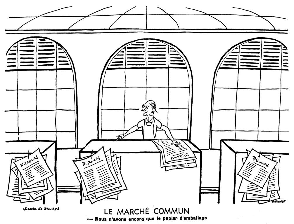 Karikatur von Sennep zu den französischen Parlamentsdebatten über den Gemeinsamen Markt (19. Januar 1957)