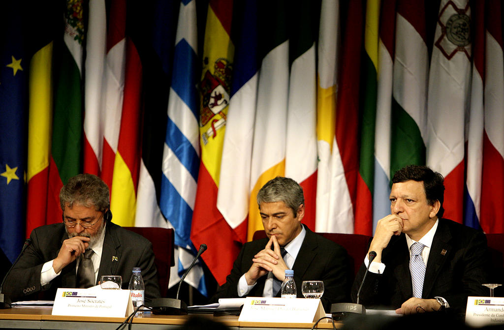 Lula da Silva, José Sócrates et José Manuel Barroso (Lisbonne, 4 juillet 2007)
