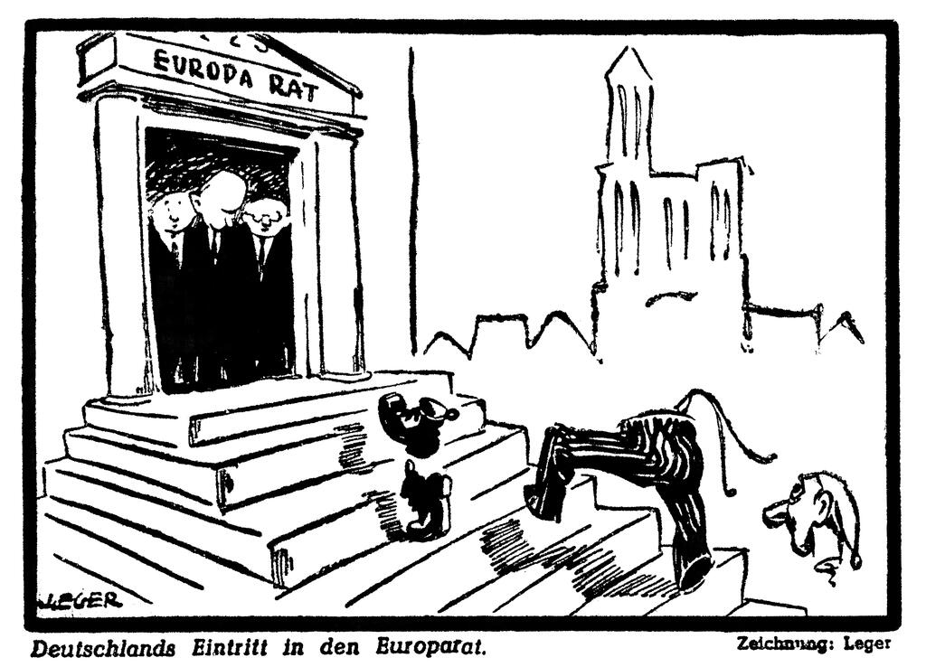 Caricature de Leger sur l'adhésion de la RFA au Conseil de l'Europe (25 mai 1950)
