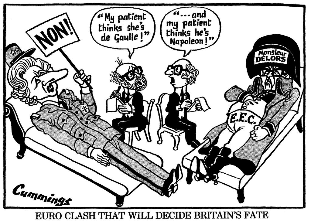 Cartoon by Cummings on relations between Margaret Thatcher and Jacques Delors (29 July 1988)