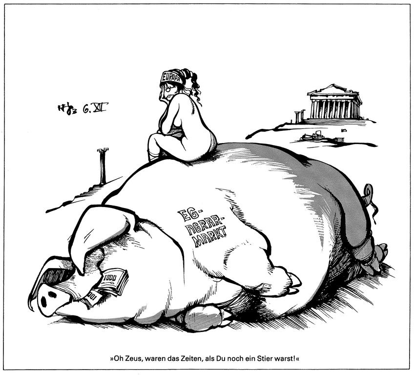 Caricature d'Haitzinger sur le poids de la PAC au sein de la CEE (6 décembre 1983)