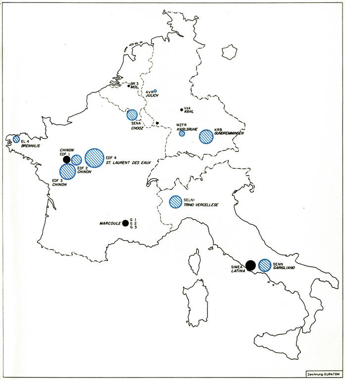 Map showing the main nuclear reactors in the EEC (1962–1963)
