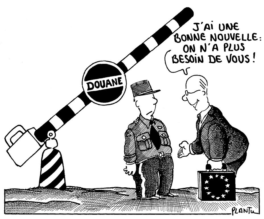Karikatur von Plantu über das Übereinkommen zur Durchführung des Schengener Abkommens (Juni 1991)