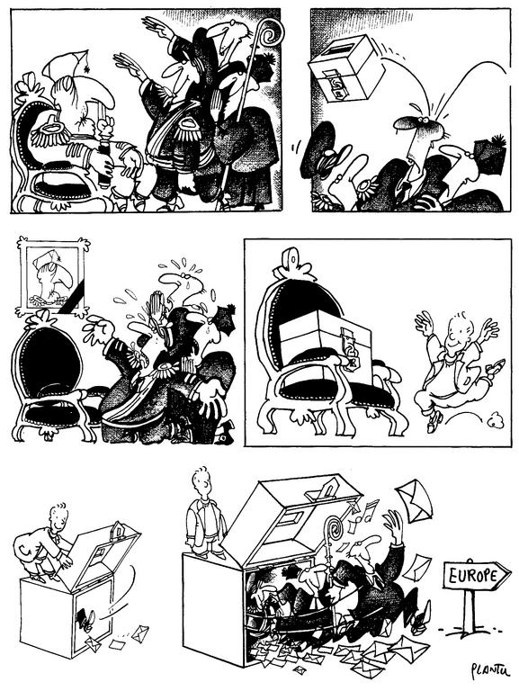 Cartoon by Plantu on the conversion of Franco supporters to European democracy
