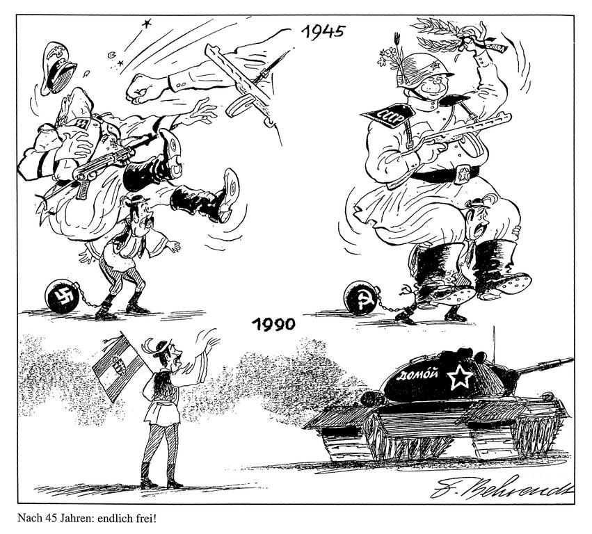 Caricature de Behrendt sur la fin du totalitarisme en Hongrie 