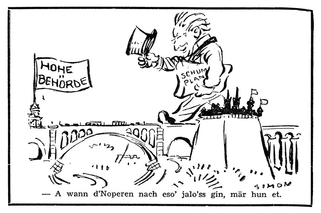 Caricature de Simon sur le siège de la Haute Autorité de la CECA à Luxembourg (4 octobre 1952)