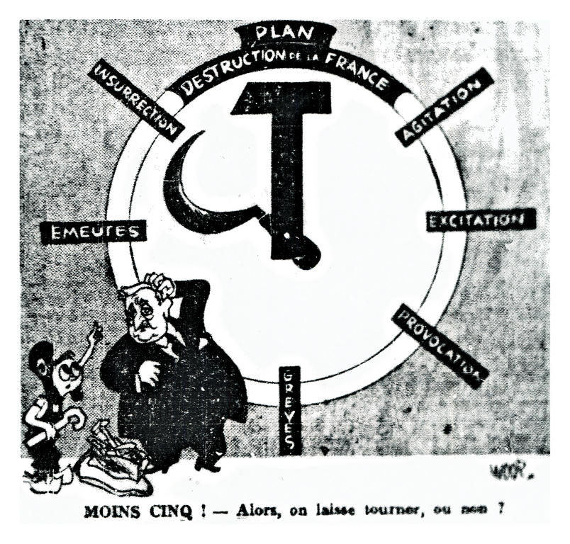 Karikatur von Woop zur Rolle der Kommunistischen Partei bei den Unruhen und Streiks in Frankreich (23. November 1948)