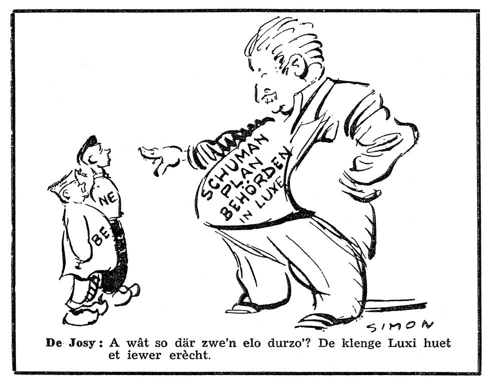 Cartoon by Simon on Joseph Bech’s role in the establishment of the seat of the ECSC High Authority in Luxembourg (16 August 1952)