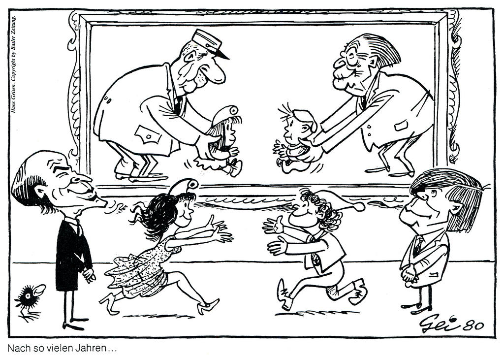 Cartoon by Geisen on Franco-German rapprochement under Valéry Giscard d’Estaing and Helmut Schmidt (1980)