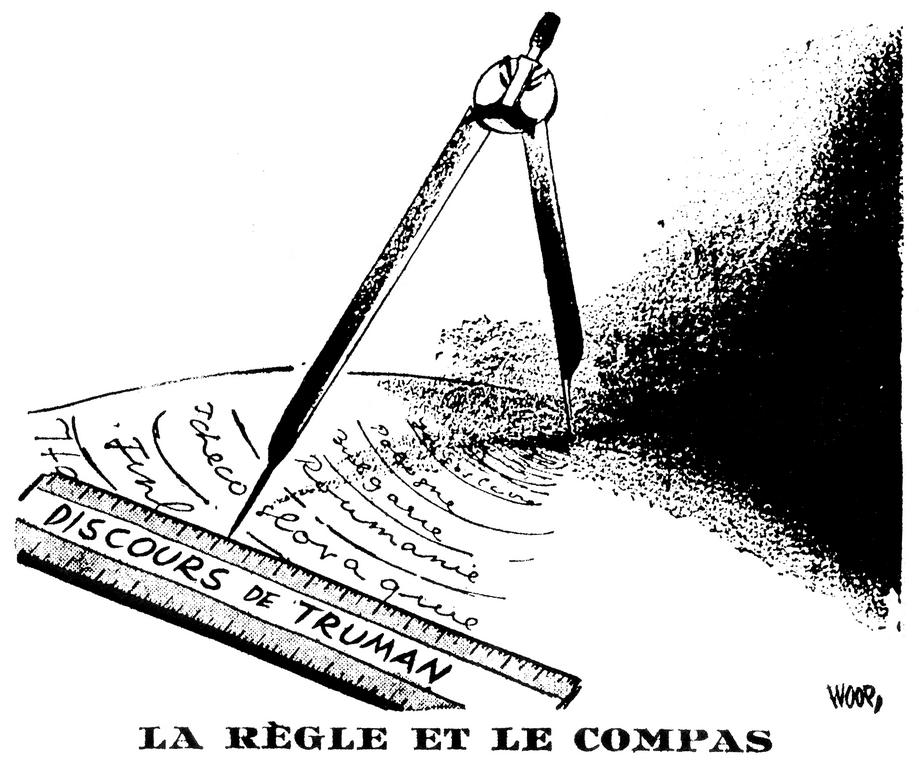 Cartoon by Woop on the containment policy of US President Harry S. Truman (20 March 1948)