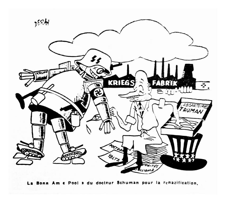 Cartoon by Deran on the dangers of the Schuman Plan (12 June 1950)