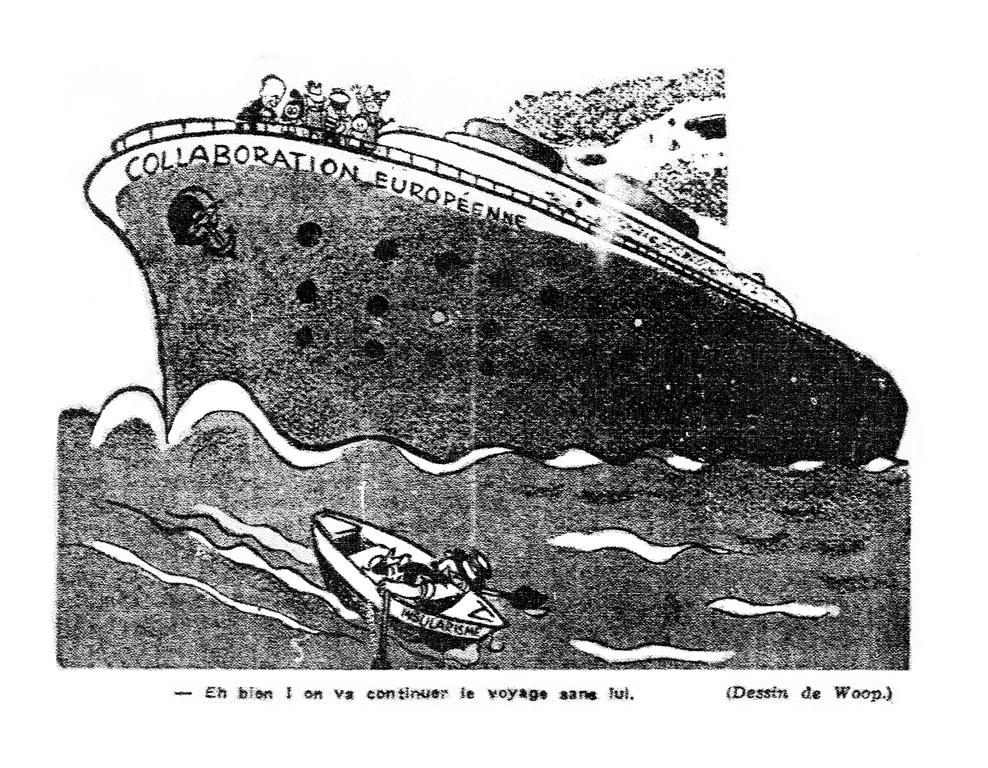 Cartoon by Woop on the British position regarding the Schuman Plan (14 June 1950)