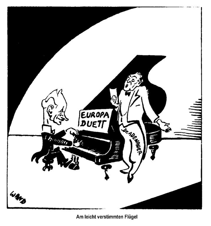 Karikatur von Wand zur Frage der deutsch-französischen Beziehungen (17. Januar 1950)