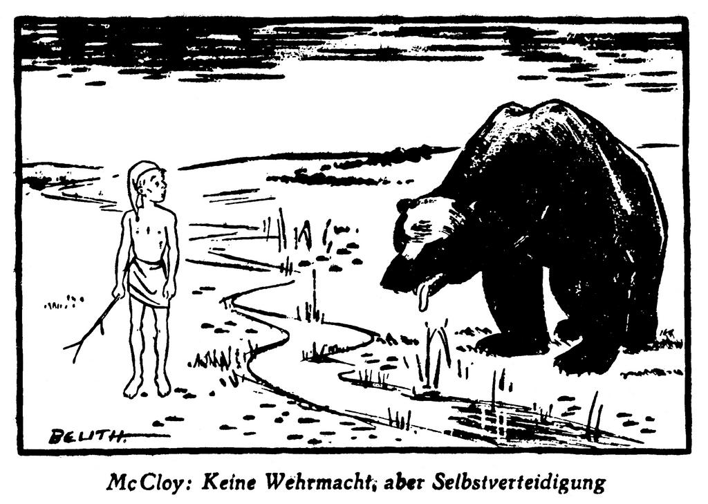 Cartoon by Beuth on the Soviet threat and the question of rearmament of the FRG (24 July 1950)