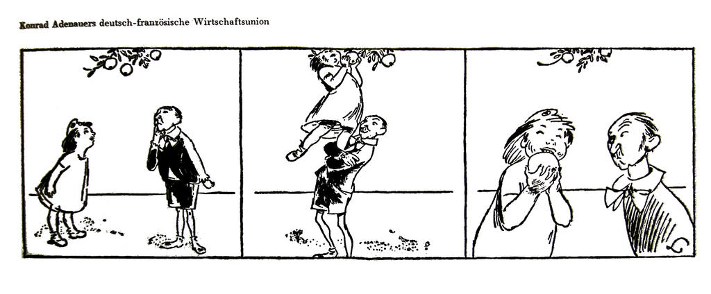 Karikatur von Lang zum Vorhaben Konrad Adenauers zur Gründung einer deutsch-französischen Union (23. März 1950)