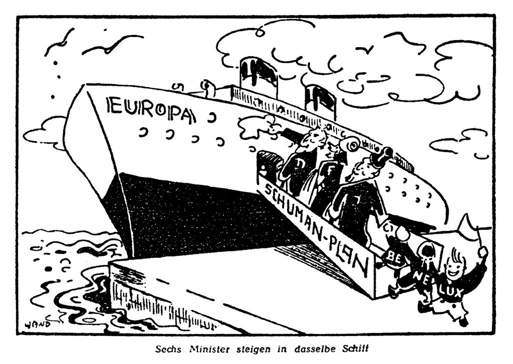 Karikatur von Wand zur Unterzeichnung des EGKS-Vertrags (19. April 1951)